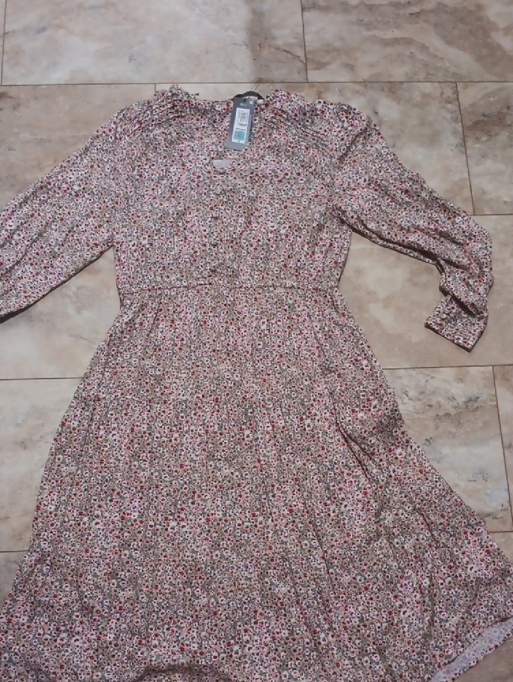 Floral Long Sleeve Midi Dress in Pink and Cream